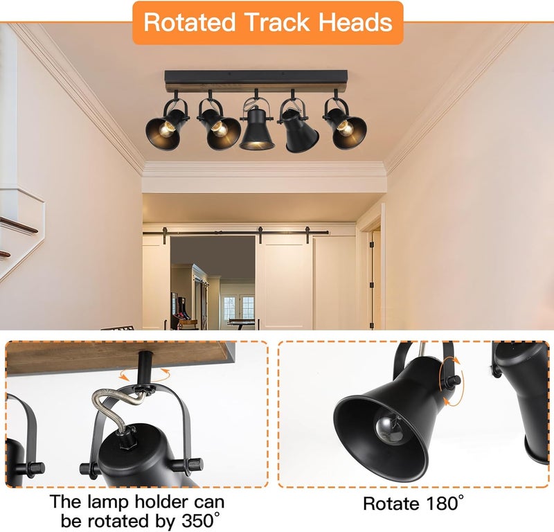 SEEBLEN 5-Light Track Light Fixtures, Adjustable Ceiling/Wall Mount Spotlight, Industrial Black Kitchen Track Lighting for Living Room, Dining Room, Hallway, Bathroom - Image 2
